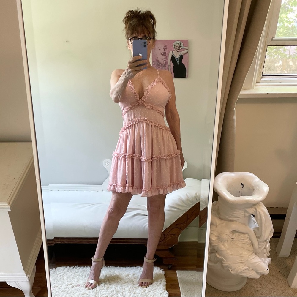 NWT PINK DRESS CHENILLE RUFFLES LINED FLOUNCES CRISS CROSS ADJUSTABLE STRAPS